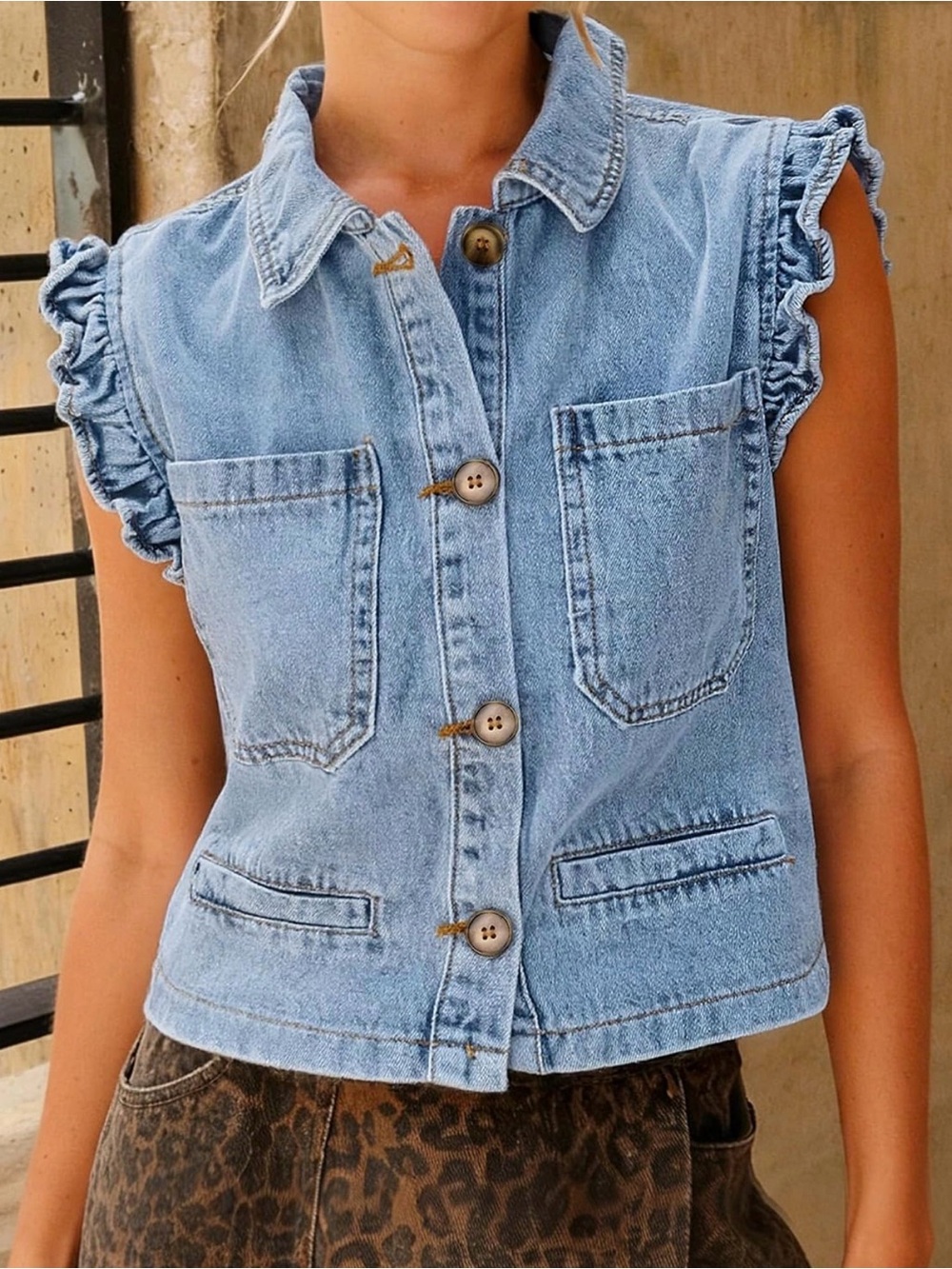 SHEIN Light Blue Ruffle Sleeve Denim Vest